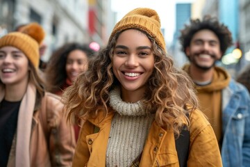group of millennial friends from different cultural backgrounds walking together in the city center, showcasing the bonds of the next generation.