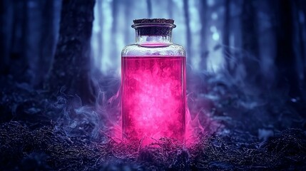 Mystical pink potion glowing in a dark, enchanting forest setting.