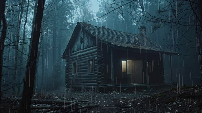 Cozy wooden cabin in a misty forest on a rainy day, peaceful and atmospheric retreat  
Seamless looping 4k time-lapse virtual video animation Generated AI