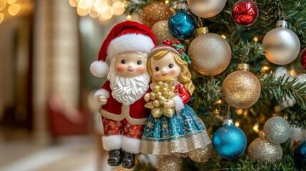 Two festive ornaments and a Santa Claus figure adorn a vibrant Christmas tree.