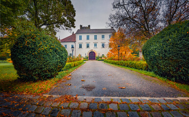 Gloomy morning view of Seebarn castle. Dramatic autumn cityscape of Seebarn am Wagram town, district of Tulln in the Austrian state of Lower Austria, Europe. Traveling concept background.