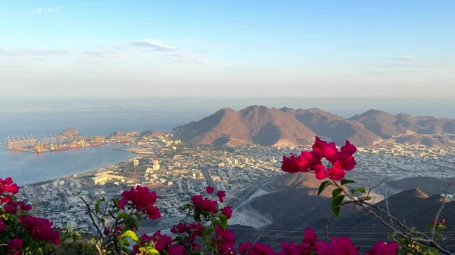 panoramic view of Khorfakkan from Al Suhub rest area lies 600 meters above sea level, Sharjah, UAE