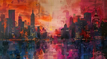 An abstract watercolor painting depicting a cityscape with tall skyscrapers and a vibrant sunset over the horizon.
