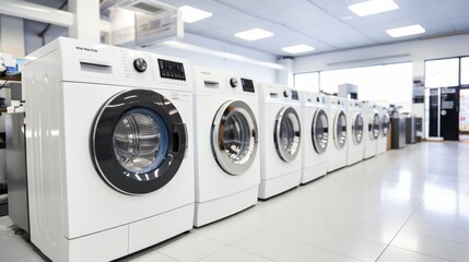 A sleek row of state-of-the-art washing machines in a bright, contemporary showroom, exemplifying modern efficiency and innovative home technology.