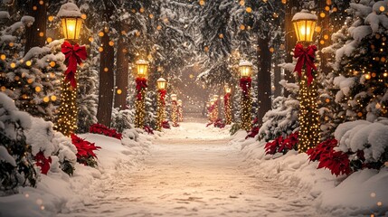 Snowy path lined with twinkling Christmas lights and vibrant poinsettias.