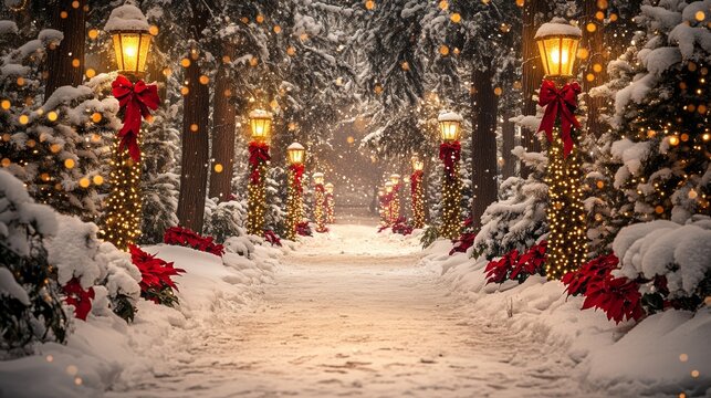 Snowy path lined with twinkling Christmas lights and vibrant poinsettias.