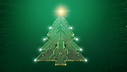 christmas tree with lights technological style isolated on green background circuit board