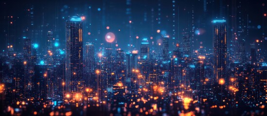 Futuristic cityscape with glowing lights and a digital rain effect.