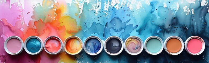 Several paint cans are lined up against a colorful background, banner, copy space