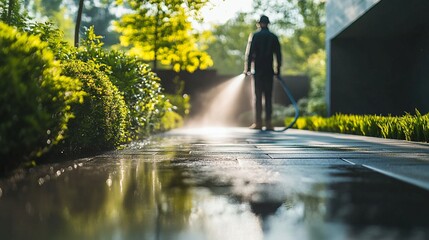 A man dressed in orange sprays water on a walkway, using a high-pressure jet to clean the backyard patio.