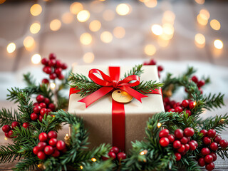 Beautifully wrapped Christmas gift surrounded by festive greenery and twinkling lights on a cozy winter evening