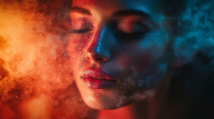 Artistic close-up portrait of woman with glitter makeup in smoke