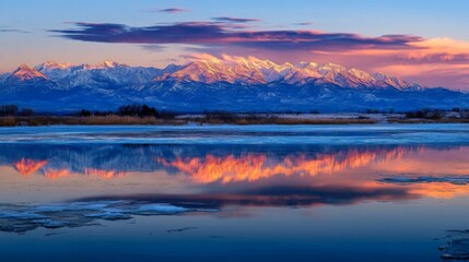 Obraz premium Winter Sunrise over Mountain Peaks Reflected in a Frozen River