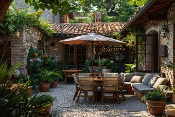 A beautiful courtyard featuring a wooden table with chairs, surrounded by lush plants and vibrant flowers. The warm midday sun casts a pleasant light on the stone walls and tiled roof