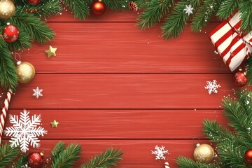Christmas and New Year greeting card with a white paper sheet, a red striped frame, pine branches, snowflakes, and star decorations on a wooden background Generative AI
