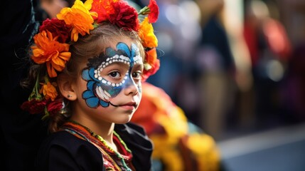 A child adorned with face paint and a vibrant floral headdress, capturing the joy and cultural celebration of a colorful festival.