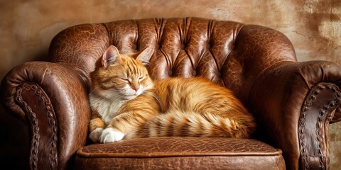 Obraz premium Orange tabby cat relaxing comfortably on vintage leather armchair in warm cozy room, peaceful feline moment concept