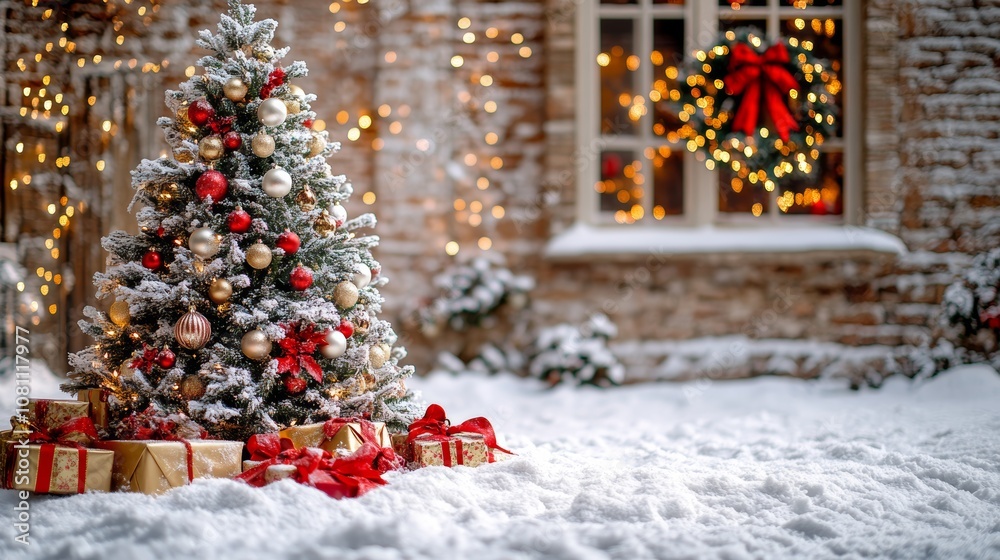 Wall mural a quaint christmas tree adorned with gifts nestled in a snowy landscape.