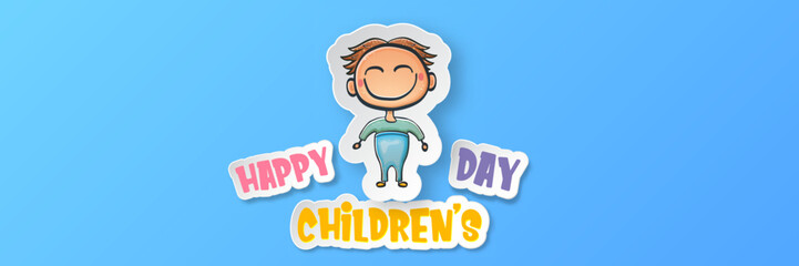 World childrens day background with little funny cute boy isolated on blue background. Vector happy world childrens day poster concept with funny cartoon smiling child
