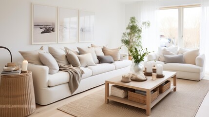 An airy, elegant living room filled with natural light, adorned with neutral-toned decor, a comfortable sofa, and lush plants, embodies tranquility and style.