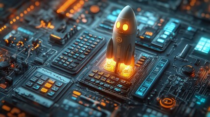 A digital illustration for STEM-focused youth, with teal, electric blue, and green. Show icons like calculators, rockets, and lab equipment with a dynamic layout