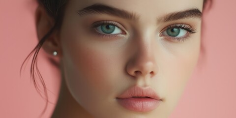 Closeup of young woman's face, natural makeup, smooth skin, deep eyes on pink background, beauty concept