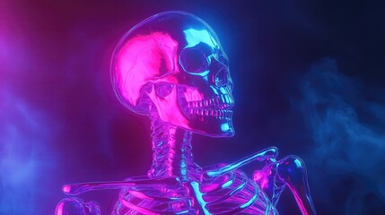 A vibrant, stylized skeleton illuminated by neon colors.