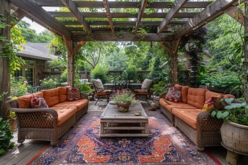 A charming outdoor seating arrangement features deep orange cushions on wicker furniture, surrounded by flourishing plants and a colorful rug, creating a peaceful retreat in the garden