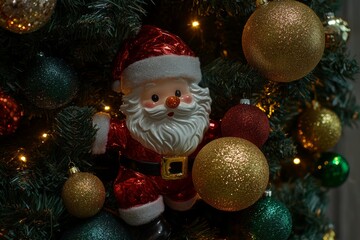 Obraz premium Santa Claus ornament adorning a festive Christmas tree.