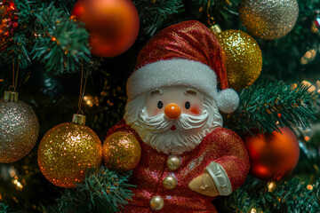 Obraz premium Santa Claus figurine nestled among festive Christmas tree branches.