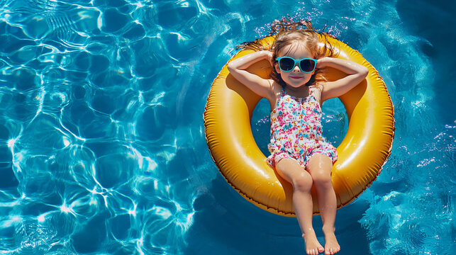 Young girl wearing sunglasses enjoying a summer vacation on a yellow inflatable ring in a swimming pool