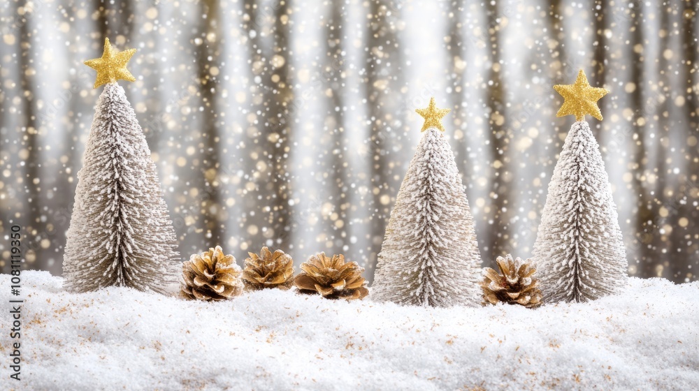 Wall mural three small trees topped with gold stars stand in a snowy landscape.
