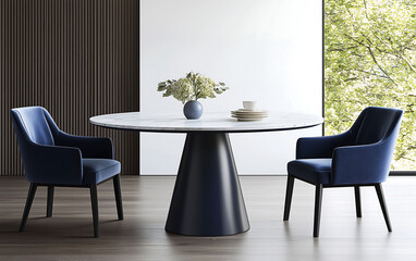 Modern dining room featuring round marble table, stylish blue chairs, and serene view of nature. elegant design creates welcoming atmosphere for meals
