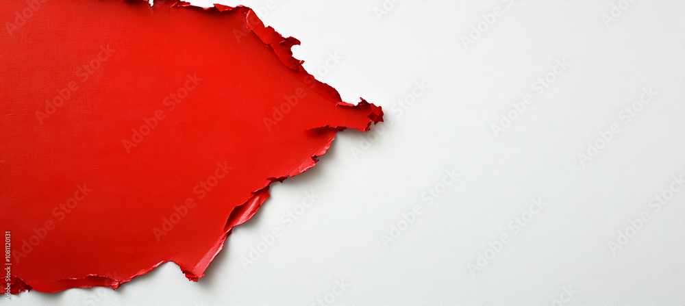 Poster a piece of red paper is torn and peeling away from a white background. the paper is uneven and has a