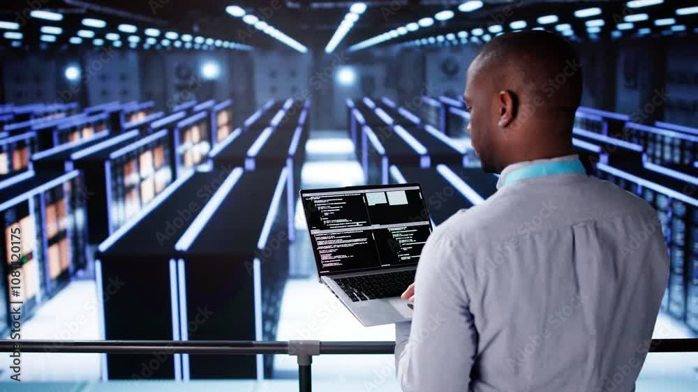 Aufkleber happy engineer in data center server room configuring ai