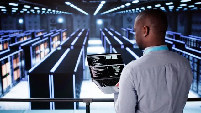 Happy Engineer In Data Center Server Room Configuring AI