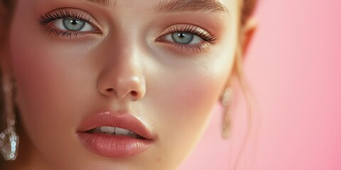 Fototapeta premium Captivating close-up portrait of a woman with glowing skin, mesmerizing eyes, pink background, radiant beauty concept