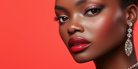 Elegant woman with red lips, diamond earrings, flawless skin, beauty makeup, glamorous look, portrait photography, fashion editorial concept