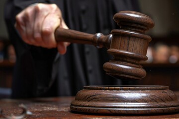 Close-up shot of the judge's gavel striking down as a dramatic not guilty verdict is pronounced in court.