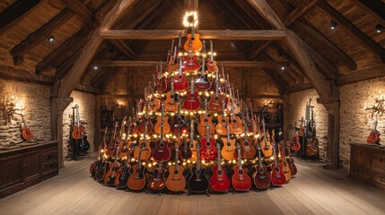 Unique alternative Christmas tree made of guitars in a cozy wooden cabin setting