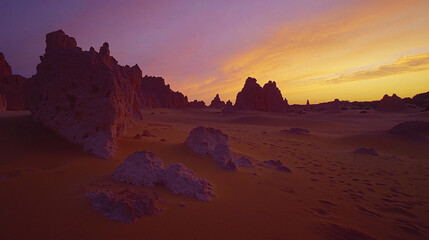 Naklejka premium Desert sunset with rock silhouettes against a colorful sky, serene and majestic atmosphere
