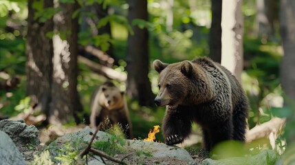 a bear and his cub were walking in the forest