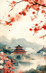 Obraz premium Chinese traditional ancient architecture art illustration 