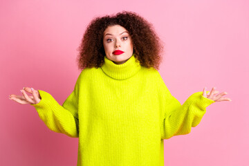 Photo portrait of pretty young girl shrug shoulders confused wear trendy yellow outfit isolated on...