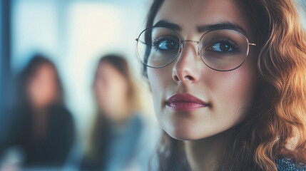 Close-up of businesswoman wearing eyeglasses leading a brainstorming meeting with colleagues in background