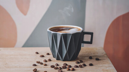 Modern Geometric Mug with Steaming Coffee and Scattered Coffee Beans on Wooden Surface