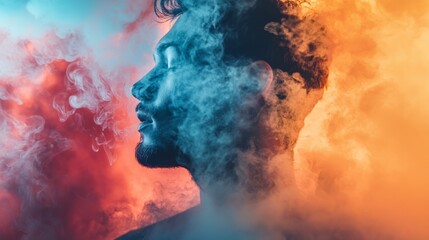Man's Profile Amidst Smoke with Dual-Colored Lighting