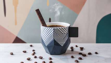 Modern Geometric Mug with Steaming Coffee and Dark Chocolate Stick on Marble Surface