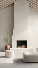 Minimalist living room with a sleek fireplace and neutral decor, AI