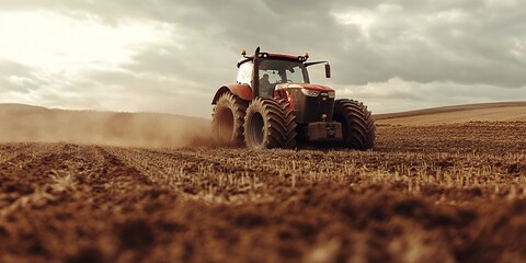 Obraz premium A Red Tractor Plows a Field Under a Cloudy Sky During the Golden Hour, Creating Dust Clouds as It Prepares the Soil for Planting in Rural Farmland